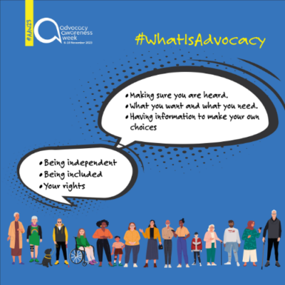 Blue square featuring cartoon images of lots of different people talking about Advocacy Awareness Week. Text Read: Being Indepdendent, Being Included, Your Rights. Yellow #WhatIsAdvocacy and the Advocacy Awareness Logo in white with dates 6-1o November and #AAW23 in yellow.
